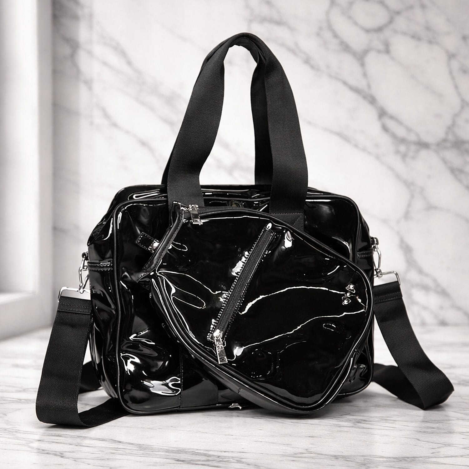 Closeout Poppy Patent Black Shoulder Bag and Paddle Bag Set