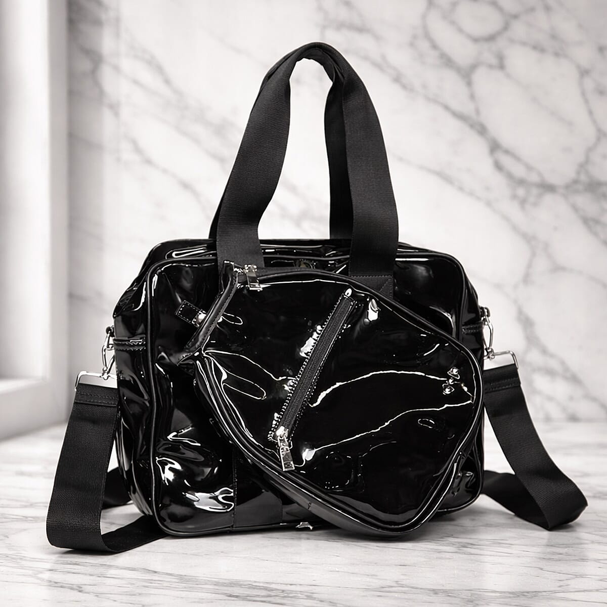 Closeout Poppy Patent Black Shoulder Bag and Paddle Bag Set   image number 1