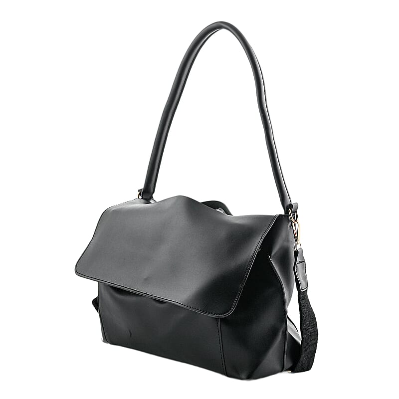 Closeout Black Faux Leather Satchel Bag with Adjustable Shoulder Strap