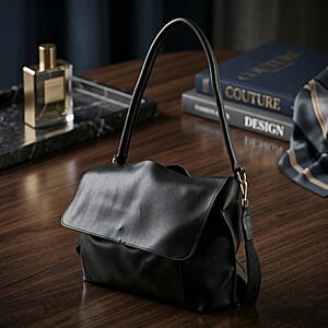 Closeout Black Faux Leather Satchel with Adjustable Shoulder Strap