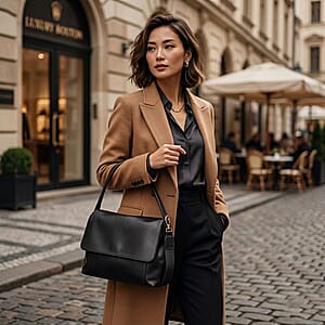 Closeout Black Faux Leather Satchel with Adjustable Shoulder Strap