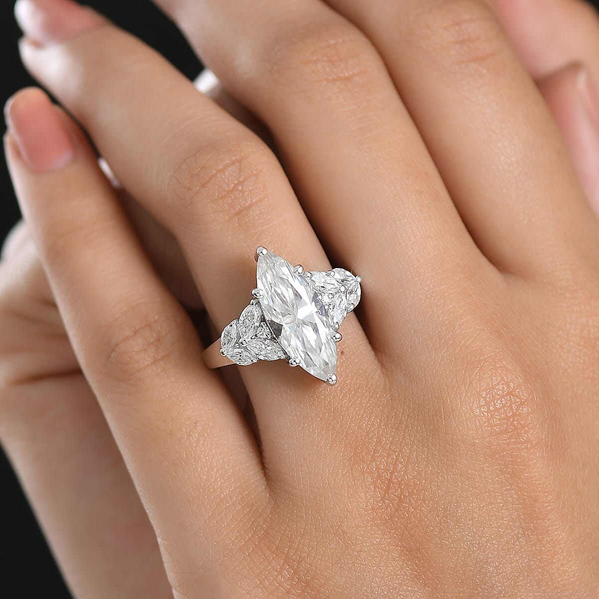 D'Joy Moissanite (Marq 18x7mm) Ring in Rhodium Over Sterling Silver (Size 10.0) 4.25 ctw image number 2