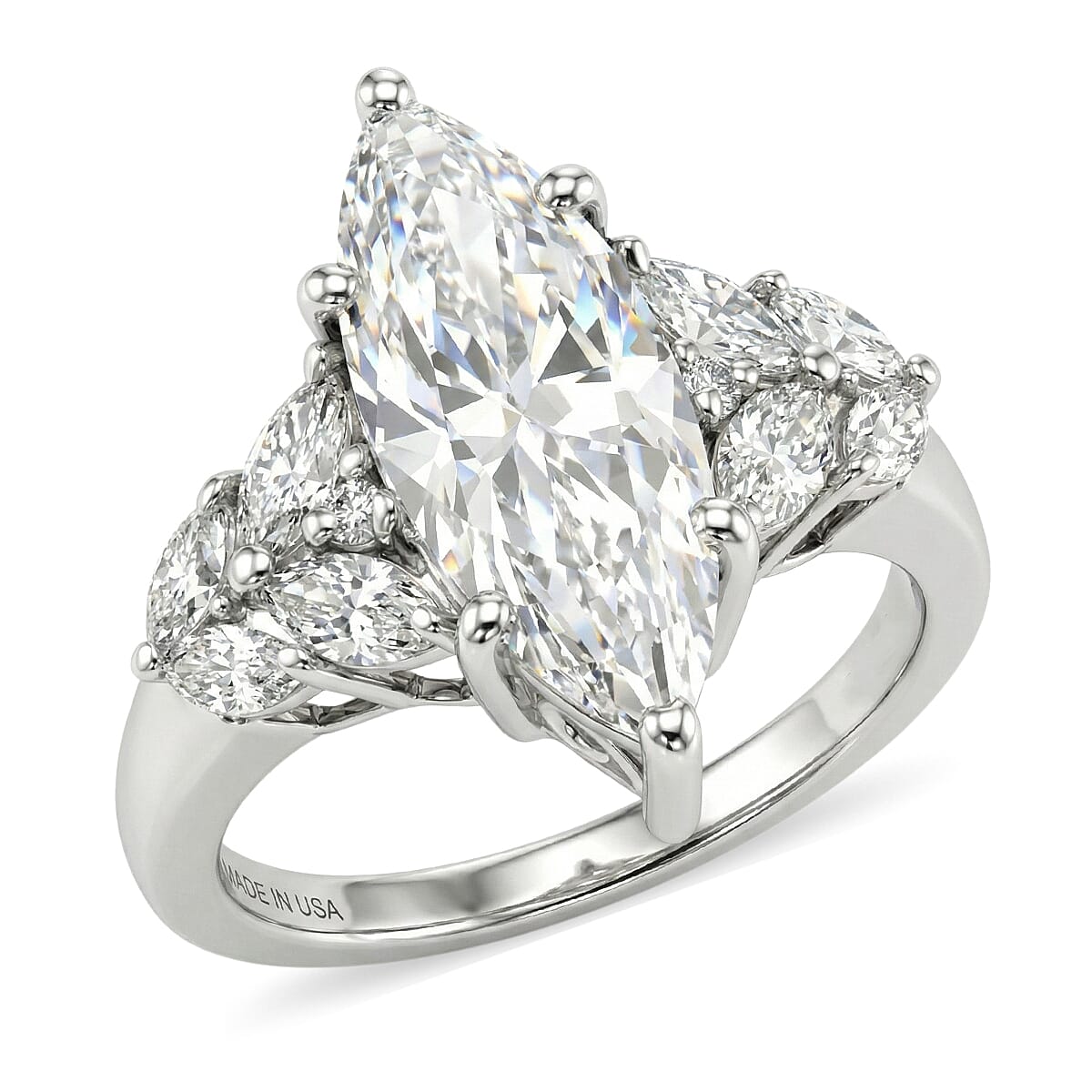 D'Joy Moissanite (Marq 18x7mm) Ring in Rhodium Over Sterling Silver (Size 10.0) 4.25 ctw