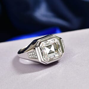 D'Joy Moissanite (Oct 12x12mm) Men's Ring in Rhodium Over Sterling Silver (Size 9.0) 9.60 ctw
