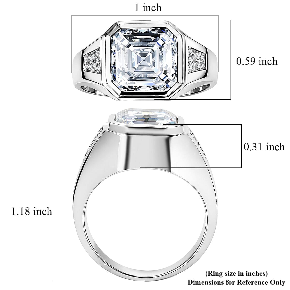 D'Joy Moissanite (Oct 12x12mm) Men's Ring in Rhodium Over Sterling Silver (Size 9.0) 9.60 ctw image number 5