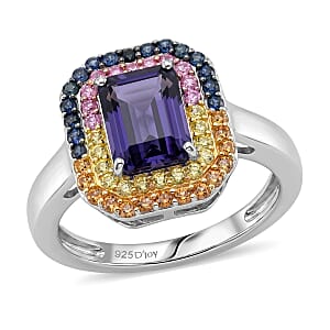 D'Joy Premium Catalina Iolite and Multi Gemstone 2.20 ctw Ring in Rhodium Over Sterling Silver (Size 10.0)