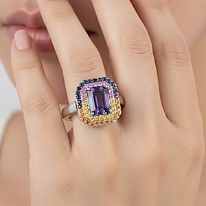 D'Joy Premium Catalina Iolite and Multi Gemstone 2.20 ctw Ring in Rhodium Over Sterling Silver (Size 10.0)