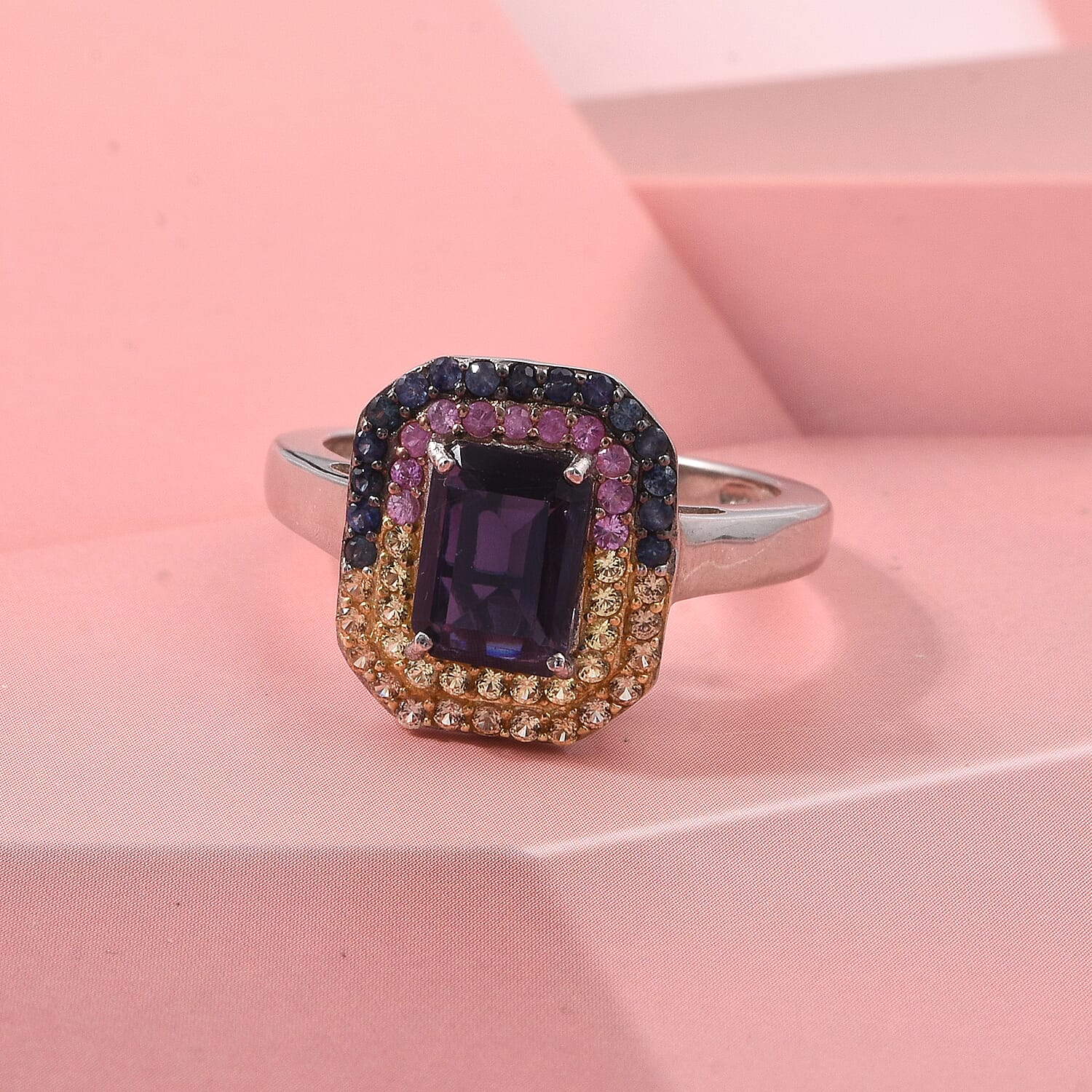 D'Joy Premium Catalina Iolite and Multi Gemstone 2.10 ctw Imperial Spectrum Ring in Rhodium Over Sterling Silver (Size 7.0)