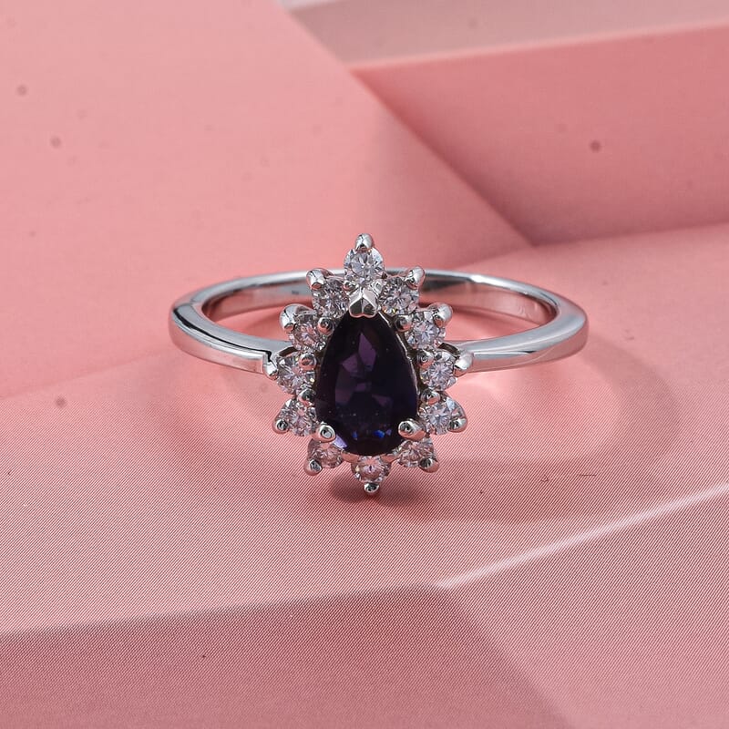 D'Joy Premium Catalina Iolite and Moissanite 1.10 ctw Royal Violet Elegance Ring in Rhodium Over Sterling Silver (Size 10.0)