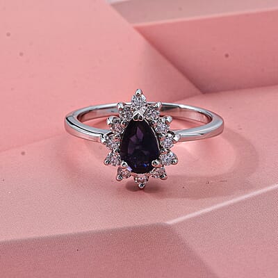 D'Joy Premium Catalina Iolite and Moissanite 1.10 ctw Royal Violet Elegance Ring in Rhodium Over Sterling Silver (Size 6.0)