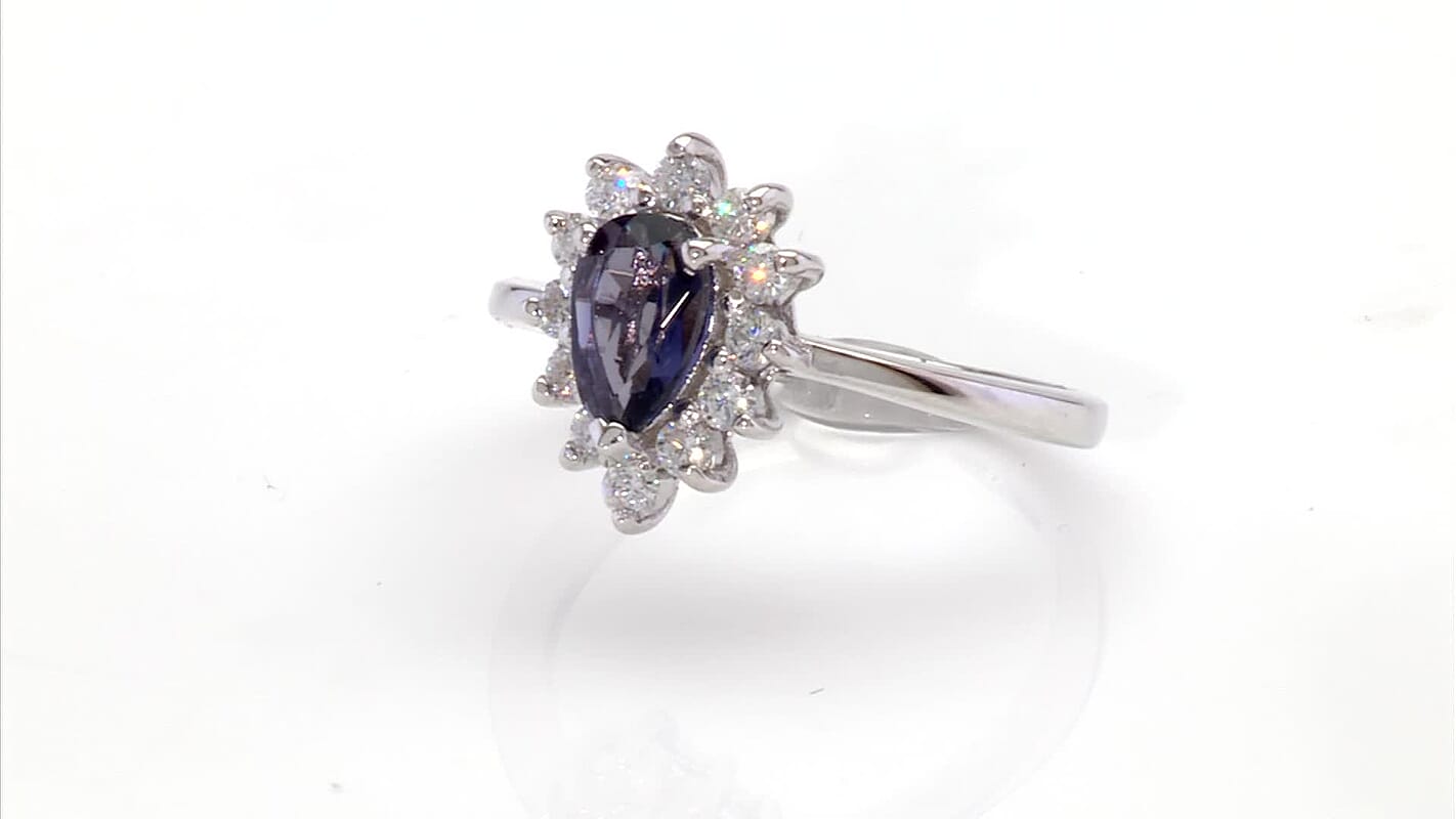 D'Joy Premium Catalina Iolite, Moissanite Ring in Rhodium Over Sterling Silver (Size 10.0) 1.10 ctw