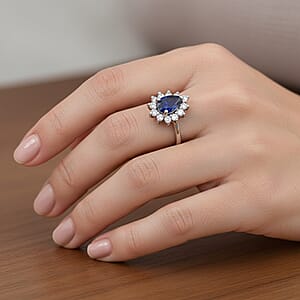 D'Joy Premium Catalina Iolite and Moissanite 1.10 ctw Royal Violet Elegance Ring in Rhodium Over Sterling Silver (Size 9.0)