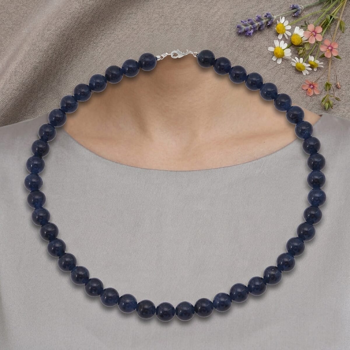 Blue Chalcedony Enhanced 310.00 ctw Beaded Necklace (18 Inches) in Sterling Silver image number 1