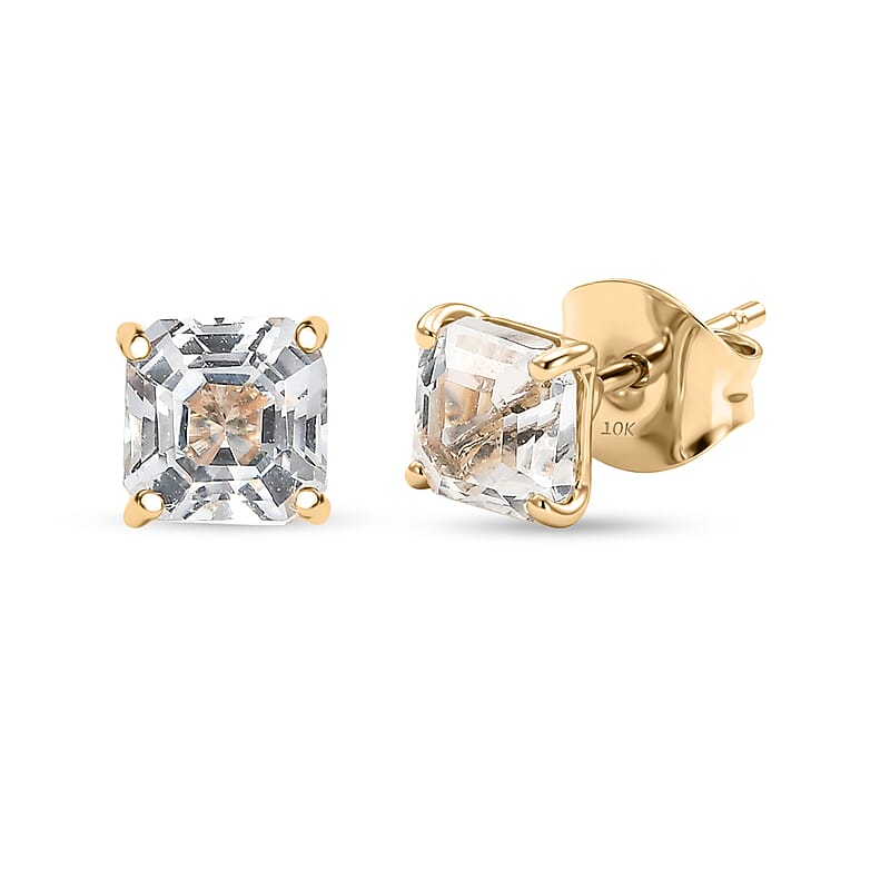 Premium Asscher Cut White Topaz 2.10 ctw Classic Crest Earrings in 10K Yellow Gold