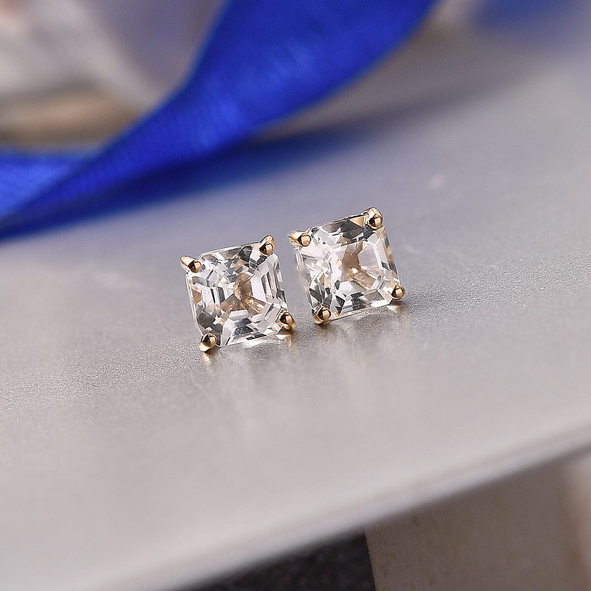 Premium Asscher Cut White Topaz 2.10 ctw Classic Crest Earrings in 10K Yellow Gold (Del. in 8-10 Days) image number 1