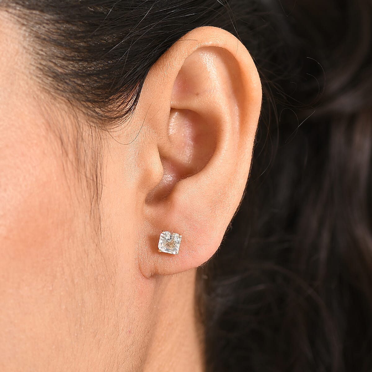 Premium Asscher Cut White Topaz 2.10 ctw Classic Crest Earrings in 10K Yellow Gold (Del. in 8-10 Days) image number 2
