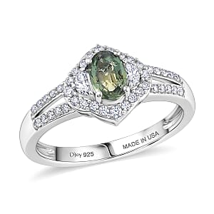 D'Joy Premium Green Sapphire, White Zircon Emerald Bloom Ring in Rhodium Over Sterling Silver (Size 10.0) 1.15 ctw