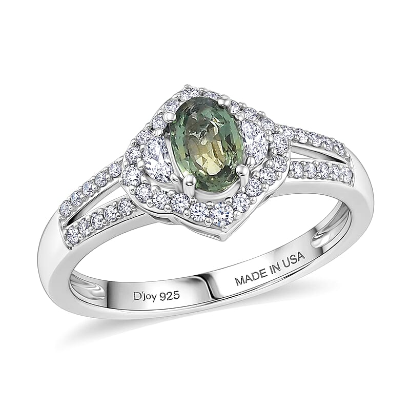 D'Joy Premium Milanoa Green Sapphire and White Zircon 1.15 ctw Emerald Bloom Ring in Rhodium Over Sterling Silver (Size 10.0)