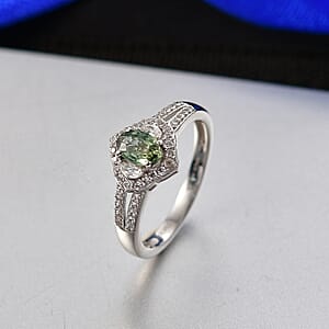 D'Joy Premium Green Sapphire, White Zircon Emerald Bloom Ring in Rhodium Over Sterling Silver (Size 10.0) 1.15 ctw