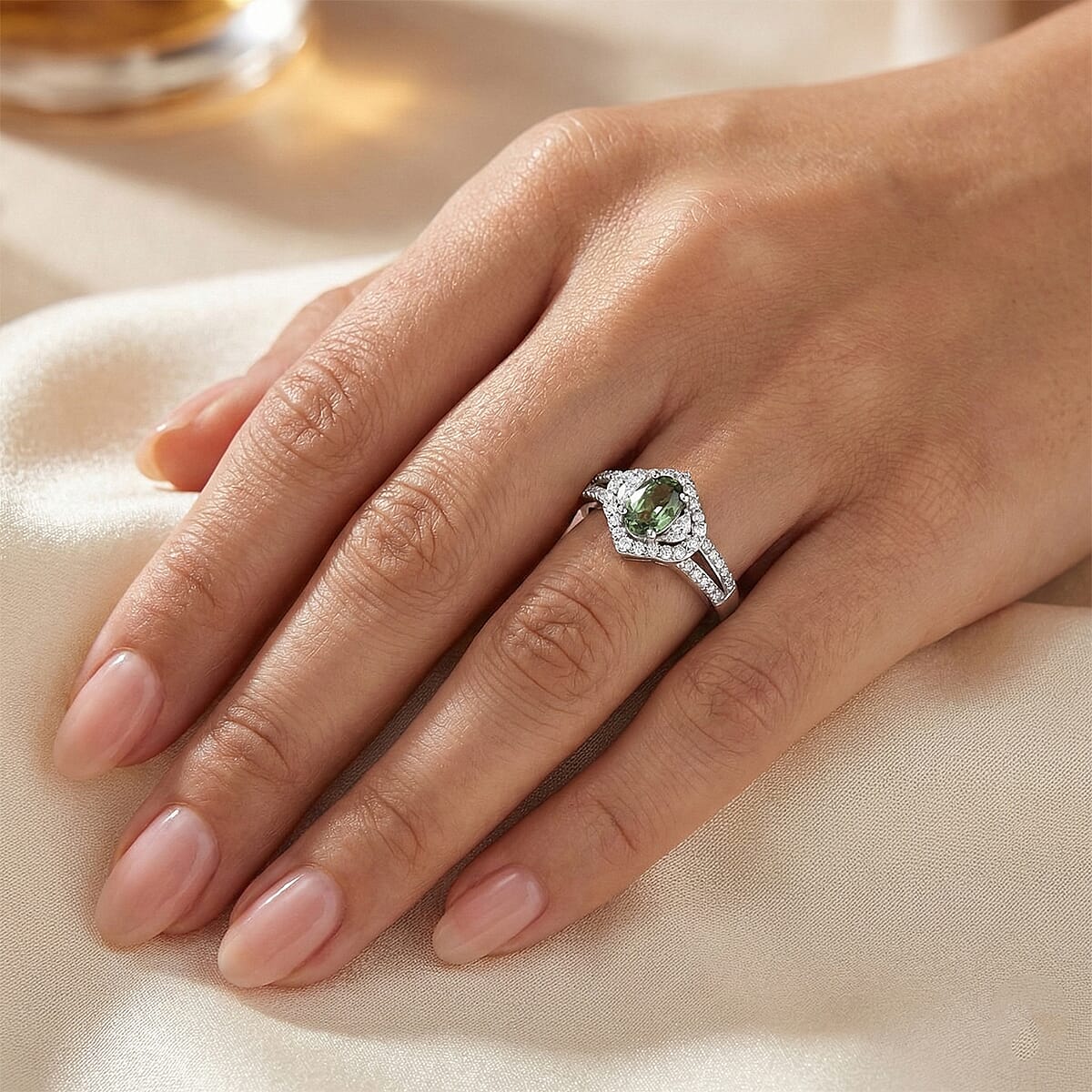 D'Joy Premium Green Sapphire, White Zircon Emerald Bloom Ring in Rhodium Over Sterling Silver (Size 10.0) 1.15 ctw image number 2