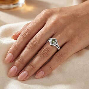 D'Joy Premium Green Sapphire, White Zircon Emerald Bloom Ring in Rhodium Over Sterling Silver (Size 10.0) 1.15 ctw