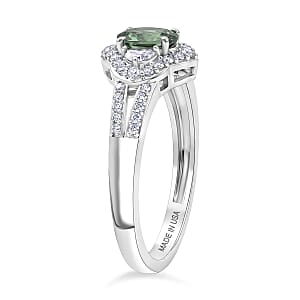 D'Joy Premium Green Sapphire and White Zircon 1.15 ctw Emerald Bloom Ring in Rhodium Over Sterling Silver (Size 10.0)