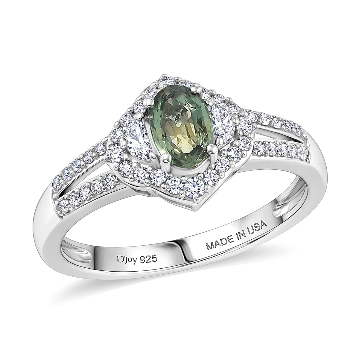D'Joy Premium Milanoa Green Sapphire and White Zircon 1.15 ctw Emerald Bloom Ring in Rhodium Over Sterling Silver (Size 6.0)