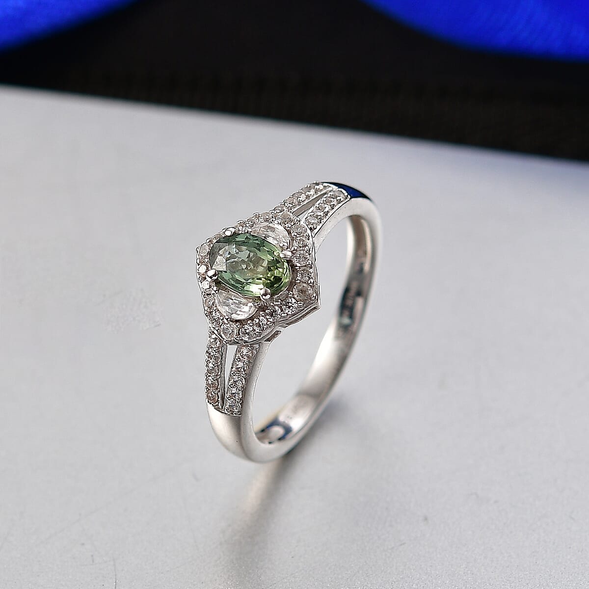 D'Joy Premium Milanoa Green Sapphire and White Zircon 1.15 ctw Emerald Bloom Ring in Rhodium Over Sterling Silver (Size 6.0) image number 1