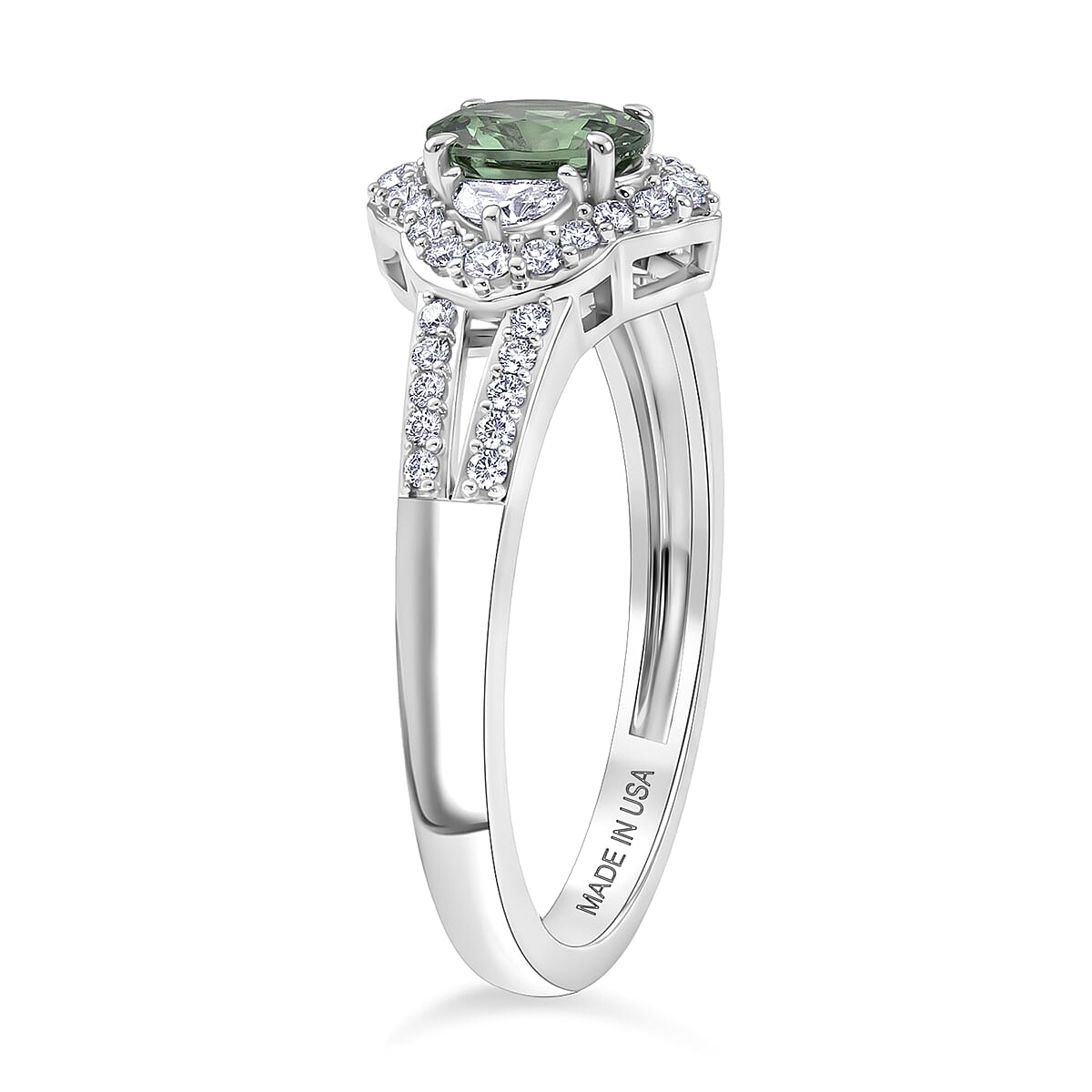 D'Joy Premium Milanoa Green Sapphire and White Zircon 1.15 ctw Emerald Bloom Ring in Rhodium Over Sterling Silver (Size 6.0)