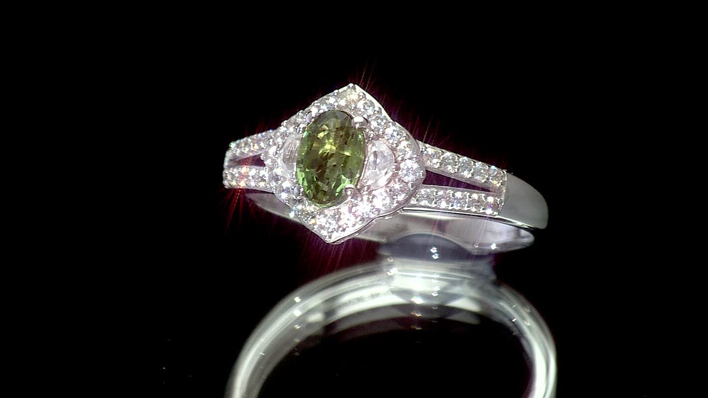D'Joy Premium Green Sapphire, White Zircon Emerald Bloom Ring in Rhodium Over Sterling Silver (Size 10.0) 1.15 ctw