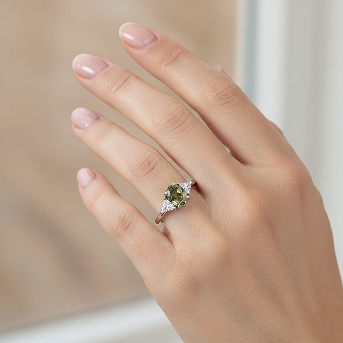 D'Joy Premium Green Sapphire, Moissanite Ring in Rhodium Over Sterling Silver (Size 10.0) 1.15 ctw image number 2