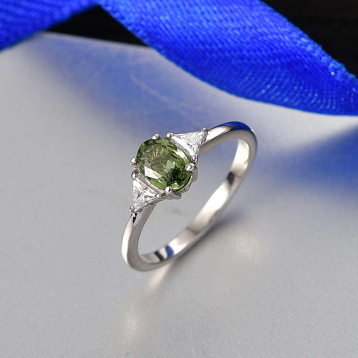 D'Joy Premium Green Sapphire and Moissanite 1.15 ctw Evergreen Love Ring in Rhodium Over Sterling Silver (Size 7.0) image number 1