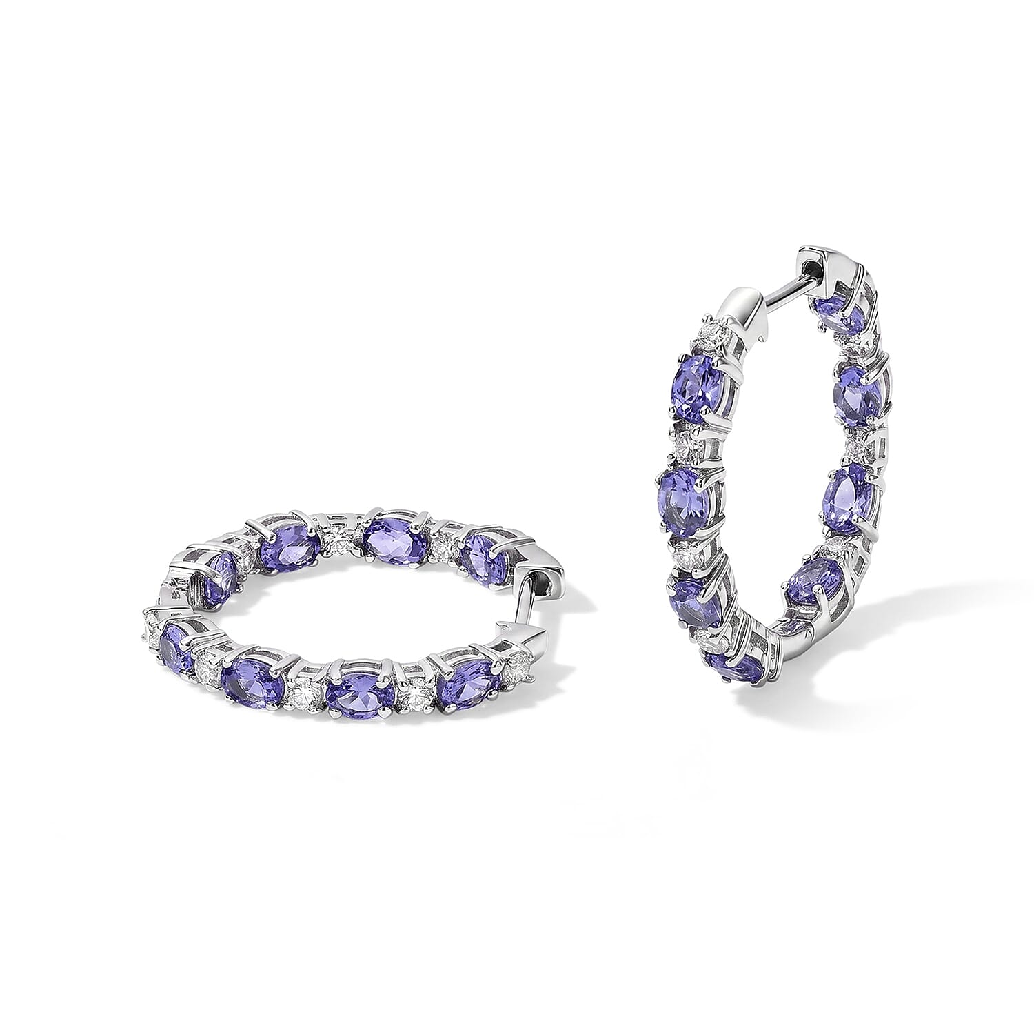 EverTrue Tanzanite and White Zircon 3.70 ctw Hoop Earrings in Platinum Bond
