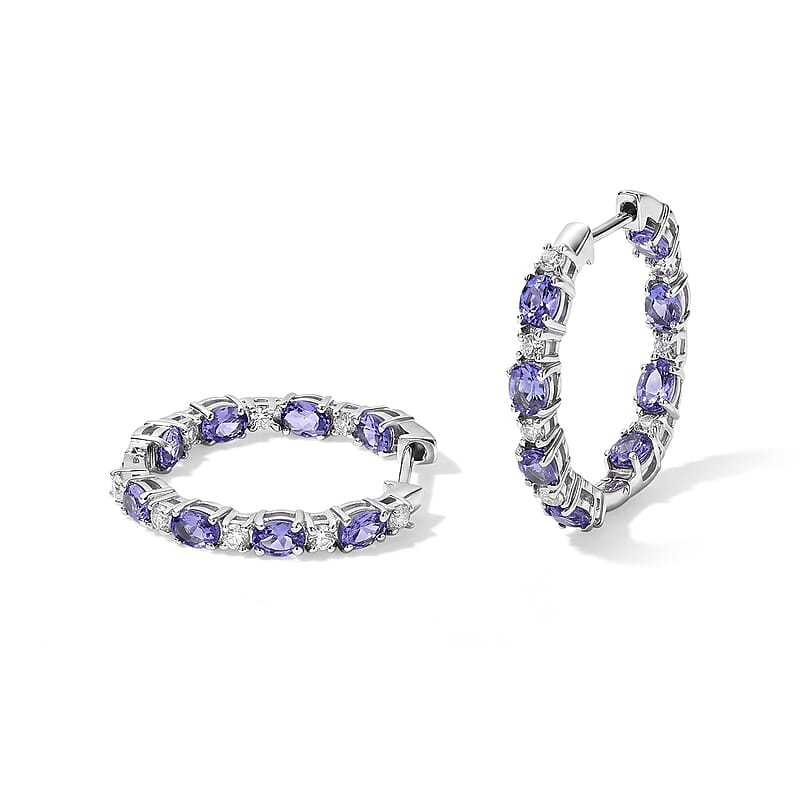 EverTrue Tanzanite and White Zircon 3.70 ctw Hoop Earrings in Platinum Bond