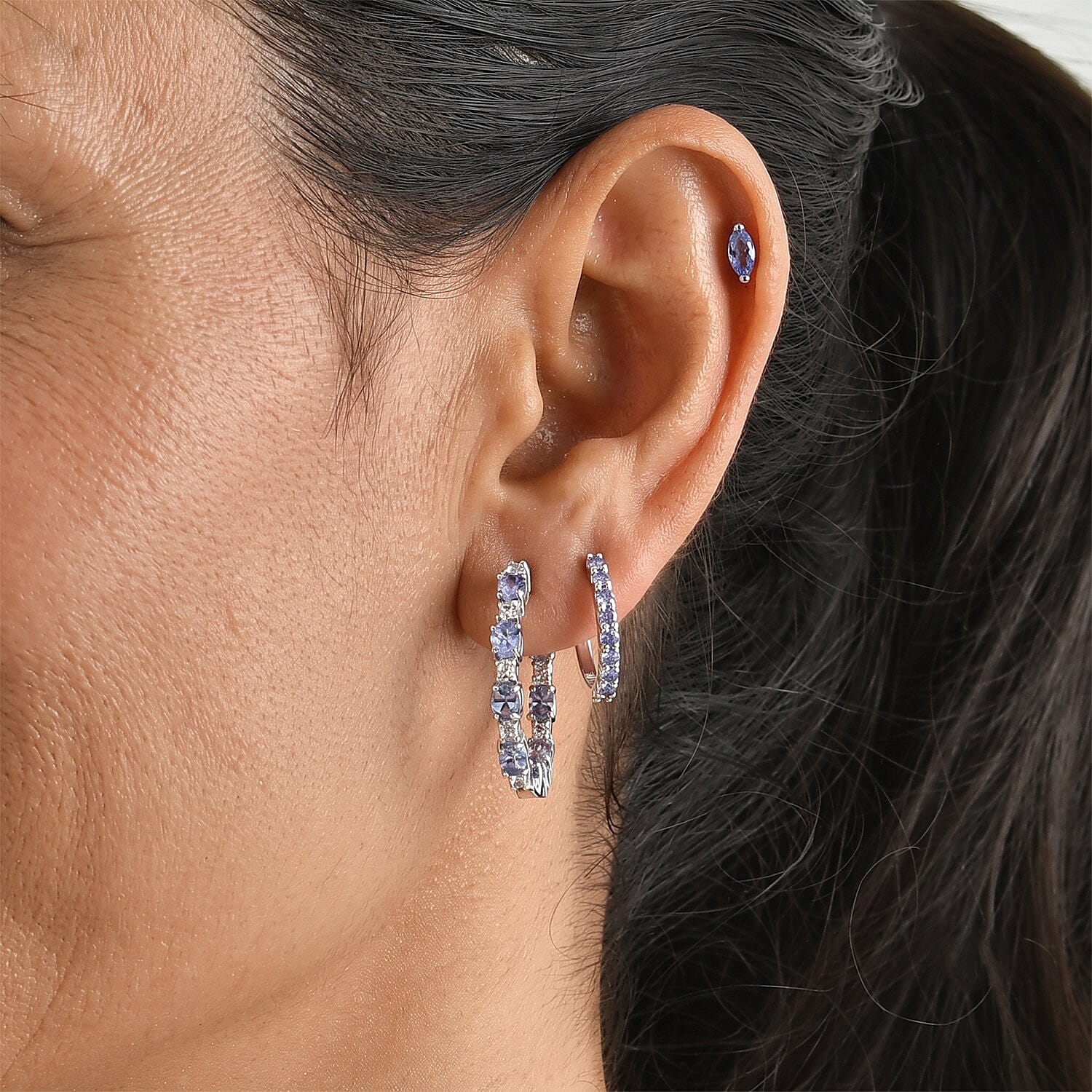 EverTrue Tanzanite and White Zircon 3.70 ctw Hoop Earrings in Platinum Bond