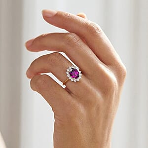 AAA Radiant Ember Garnet and Luxuriant Lab Grown Diamond E-F VS 2.50 ctw Royal Flame Halo Ring in 10K Yellow Gold (Size 8.0) (Del. In 8-10 Days)