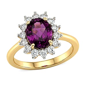 AAA Radiant Ember Garnet and Luxuriant Lab Grown Diamond E-F VS 2.50 ctw Royal Flame Halo Ring in 10K Yellow Gold (Size 9.0)