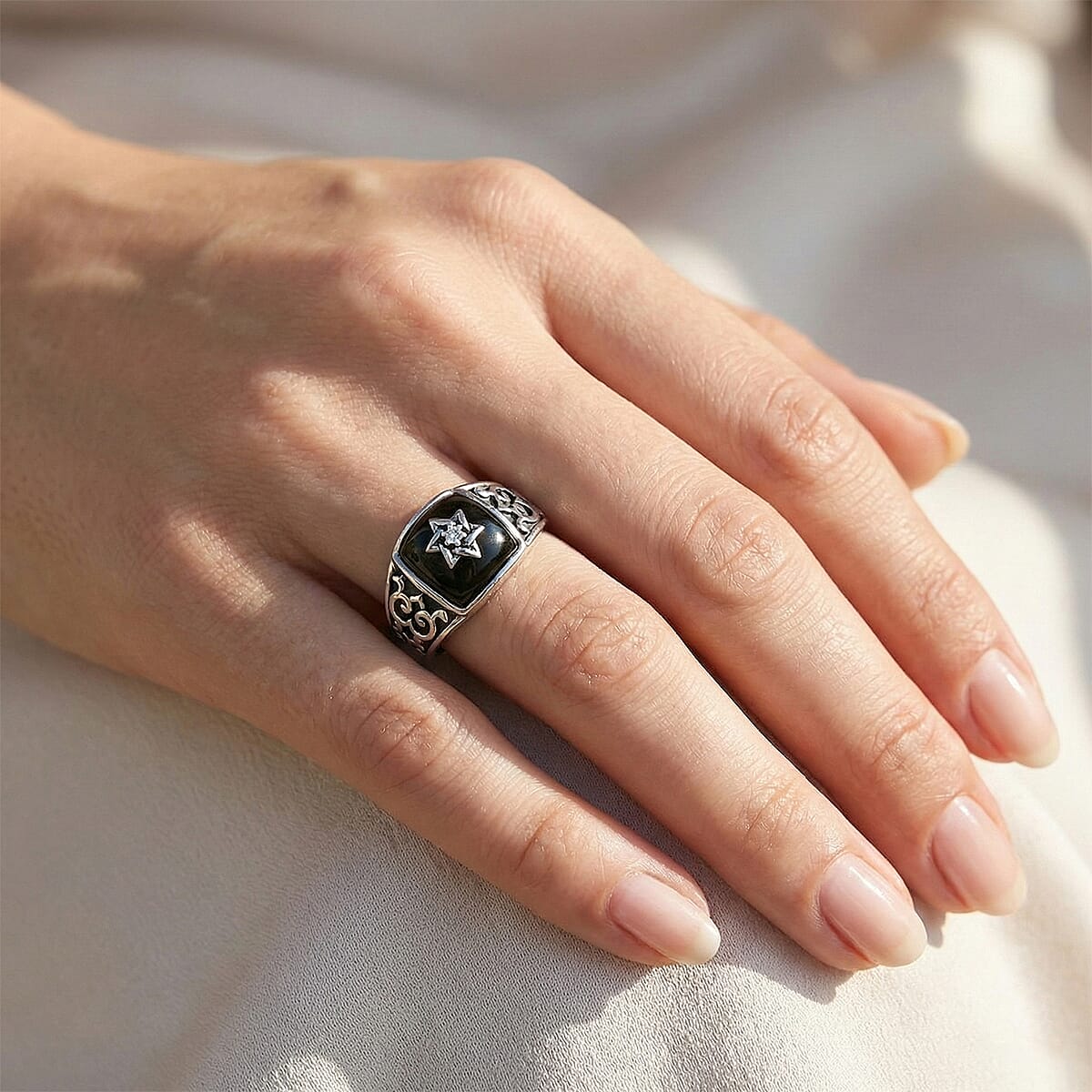 D'Joy Passport to Israel Artisan Crafted Premium Elite Shungite, White Zircon Ring in Sterling Silver (Size 10.0) 2.85 ctw image number 2