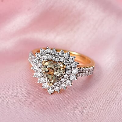 Certified & Appraised D'Joy Premium Turkizite and Moissanite 2.40 ctw Heart Ring in 18K Vermeil Yellow Gold Over Sterling Silver (Size 7.0)
