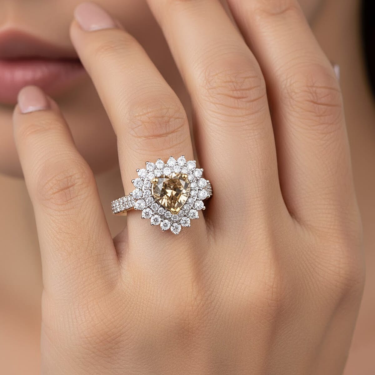 Certified & Appraised D'Joy Premium Turkizite and Moissanite 2.40 ctw Heart Ring in 18K Vermeil Yellow Gold Over Sterling Silver (Size 8.0) image number 2