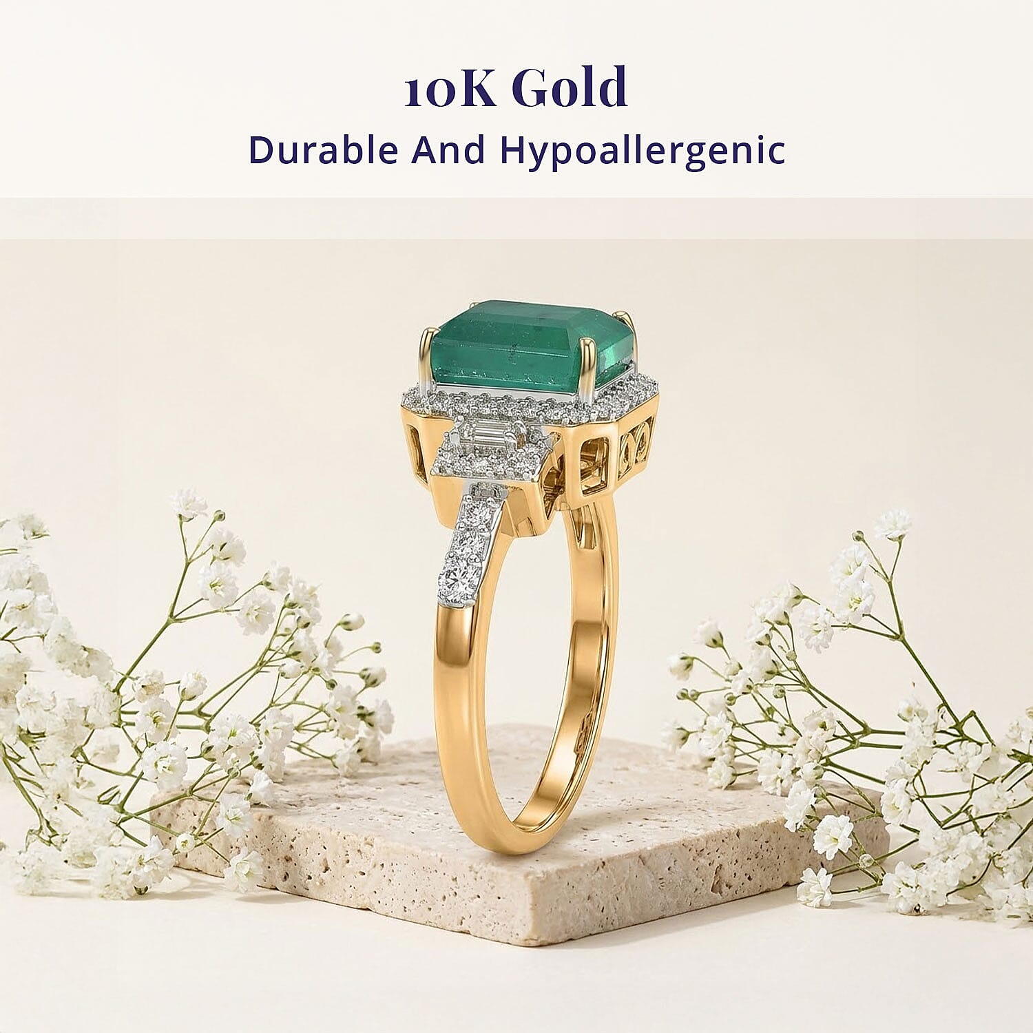 Luxoro AAA Kagem Zambian Emerald and Diamond I2 3.20 ctw Ring in 10K Yellow Gold (Size 5.0)