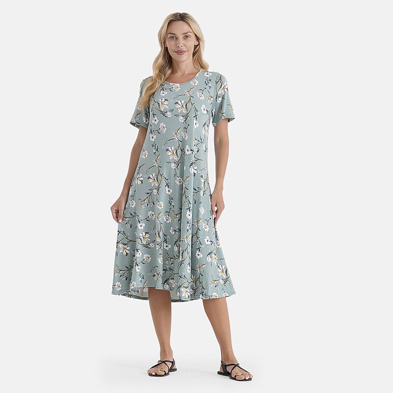 LA Marey Green Double-Knit Brushed A-Line Dress with Short Sleeves
