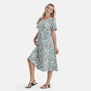 LA Marey Green Double-Knit Brushed A-Line Dress with Short Sleeves