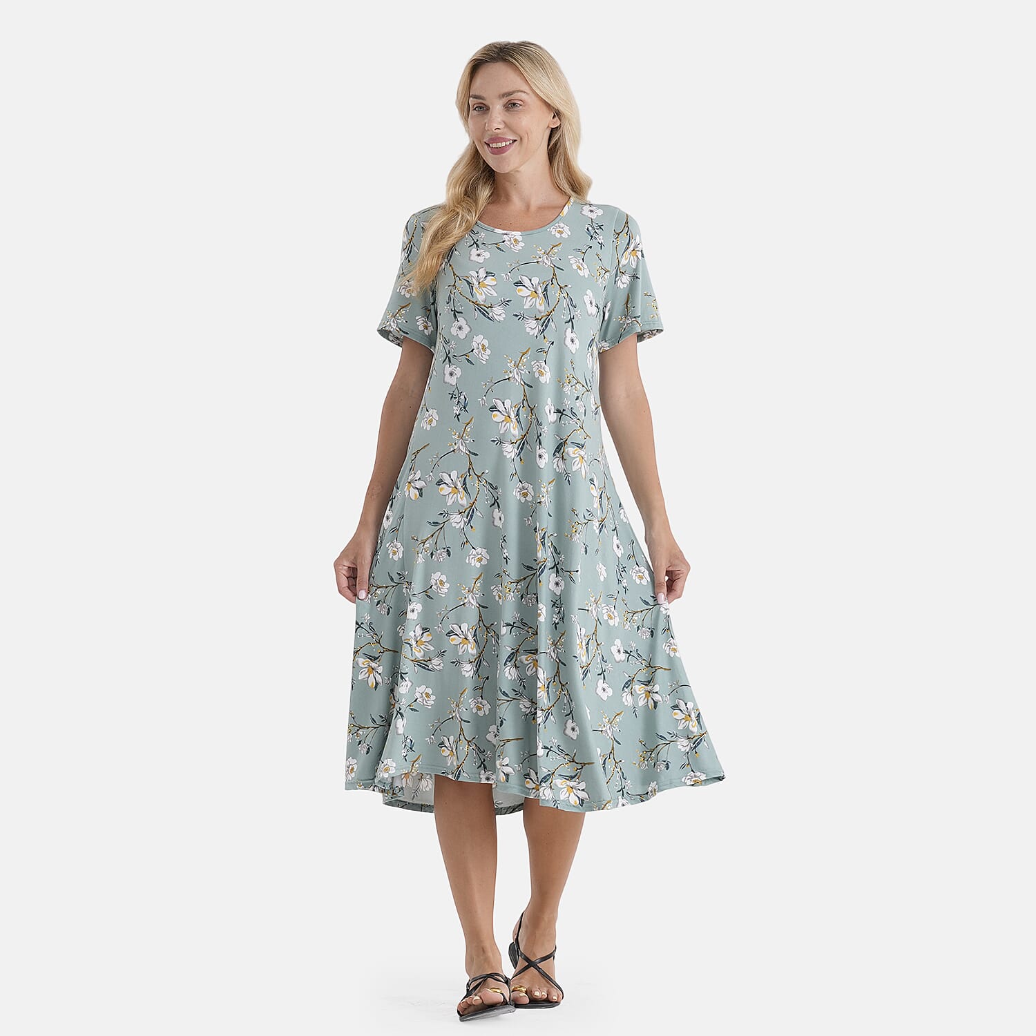 LA Marey Green Double-Knit Brushed A-Line Dress with Short Sleeves