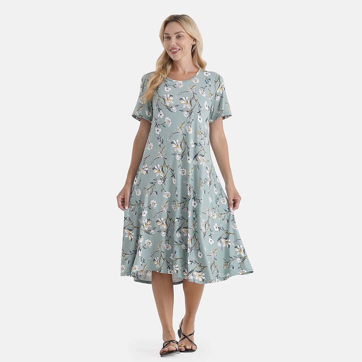 LA Marey Green Double-Knit Brushed A-Line Dress with Short Sleeves image number 4