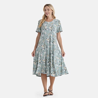 LA Marey Green Double-Knit Brushed A-Line Dress with Short Sleeves