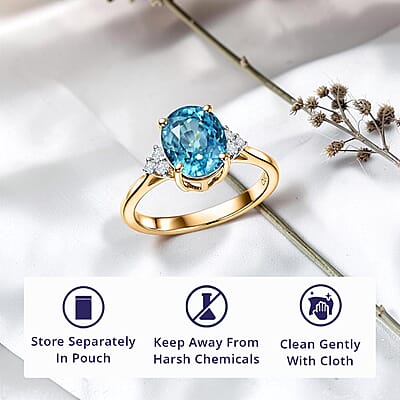 Luxoro AAAA Cambodian Blue Zircon and Diamond I2 4.75 ctw Ocean Light Ring in 10K Yellow Gold (Size 7.0)
