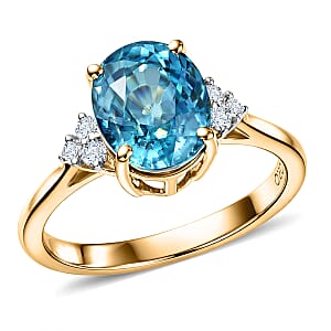 Luxoro AAAA Cambodian Blue Zircon and Diamond I2 4.75 ctw Ocean Light Ring in 10K Yellow Gold (Size 8.0)