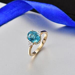 Luxoro AAAA Cambodian Blue Zircon and Diamond I2 4.75 ctw Ocean Light Ring in 10K Yellow Gold (Size 8.0)