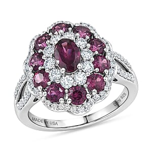 D'Joy AAA Radiant Ember Garnet and Moissanite 2.75 ctw Majestic Cluster Ring in Rhodium Over Sterling Silver (Size 10.0)